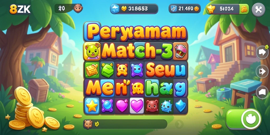Tangkapan layar yang menunjukkan aksi Match-3 yang seru di 8ZK.