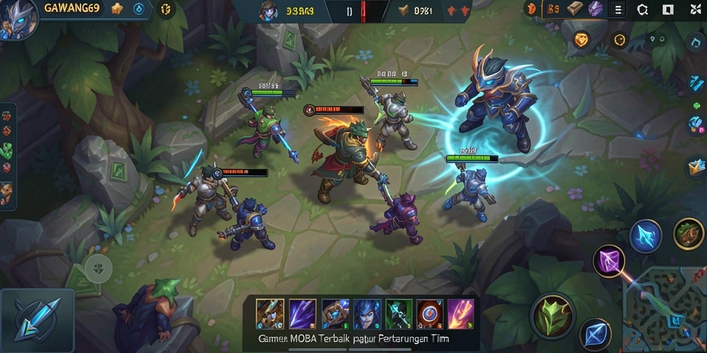 Screenshot GAWANG69 menunjukkan pertempuran seru di arena MOBA.