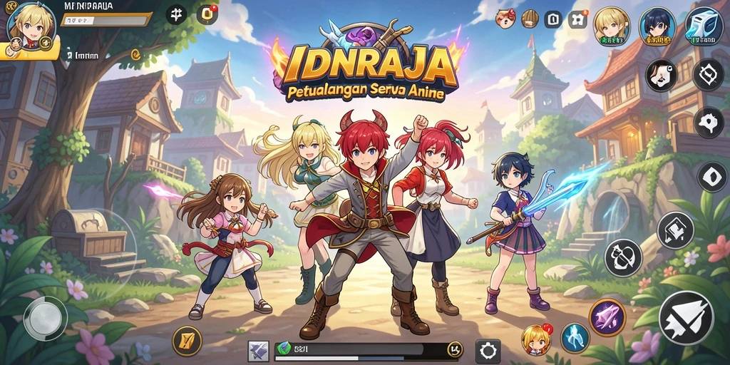 Tampilan layar gameplay IDNRAJA dengan karakter anime yang dinamis.