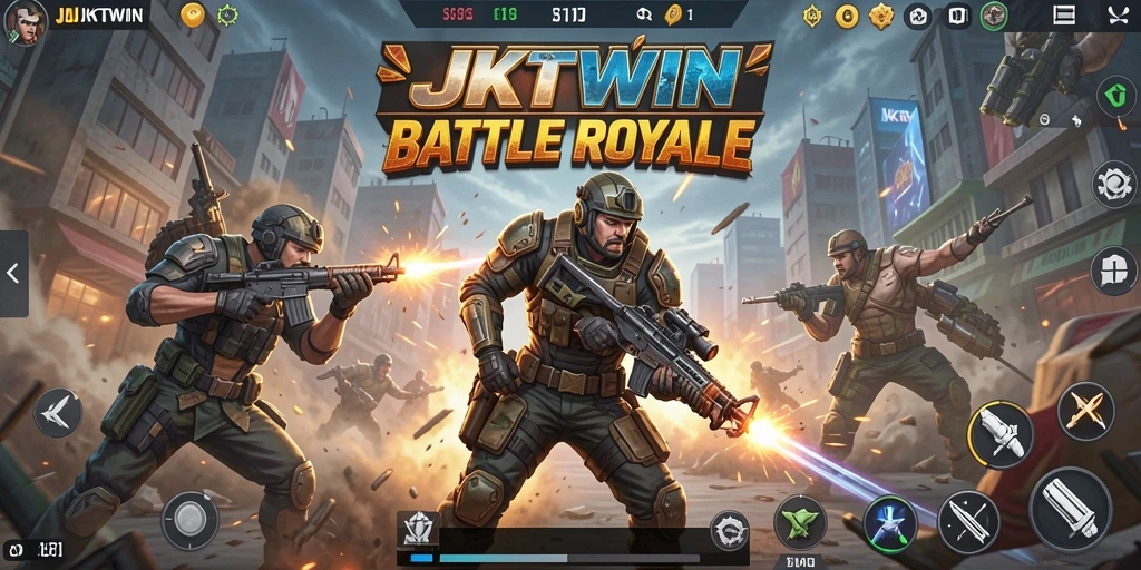 Screenshot JKTWIN menampilkan aksi pertempuran seru Battle Royale.