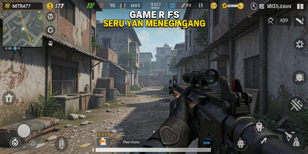 Screenshot gameplay MITRA77 yang menampilkan aksi tembak-menembak yang intens.