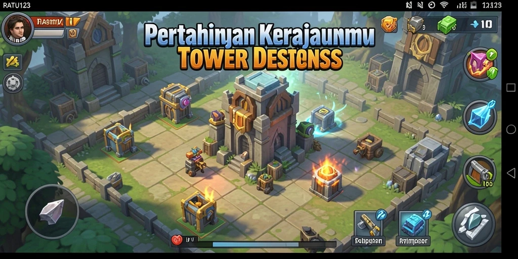 Tangkapan layar menunjukkan tower berperang melawan gelombang musuh.