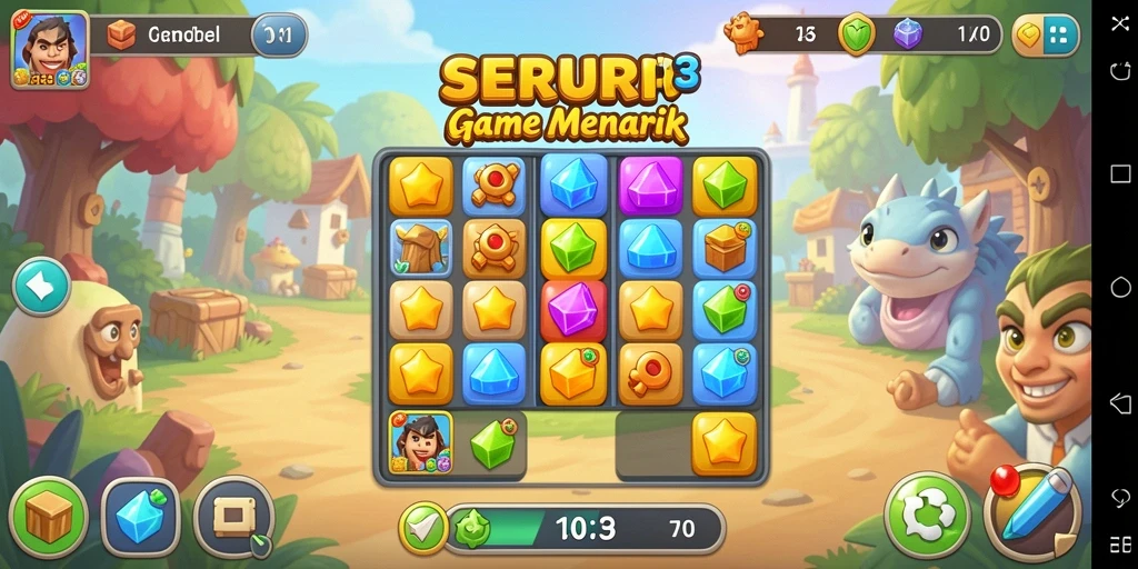 Screenshot SERURP menampilkan gameplay Match-3 yang seru dan colorful.