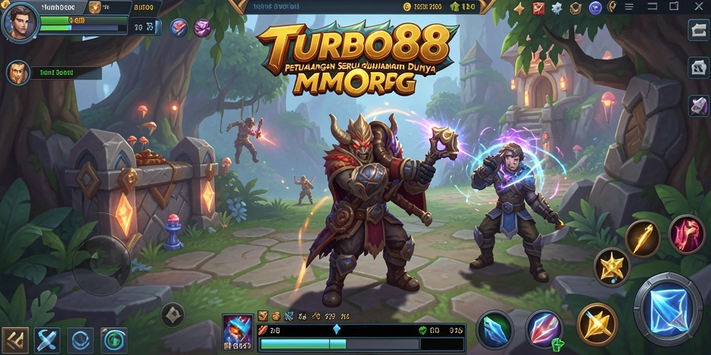 Screenshot utama TURBO88 menunjukkan pertempuran seru dalam dunia fantastis MMORPG.