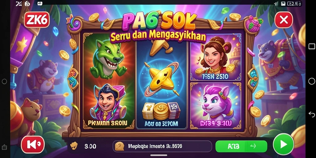 Screenshot ZK6 menampilkan gameplay slot yang seru dan penuh warna.